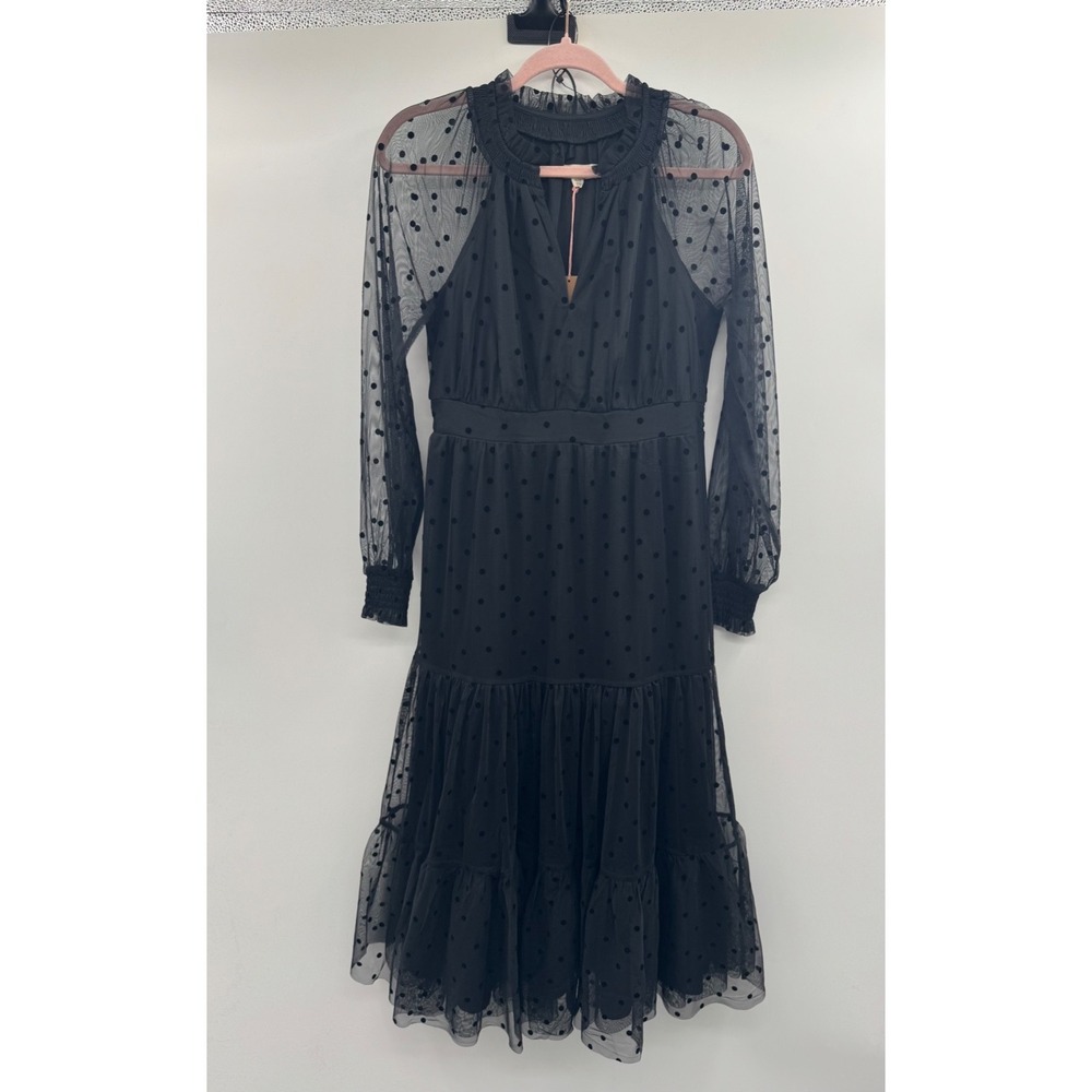 NWT Boden Lucille Tulle Midi Dress Womens 6 Black Long Sleeve Fit & Flare Tiered